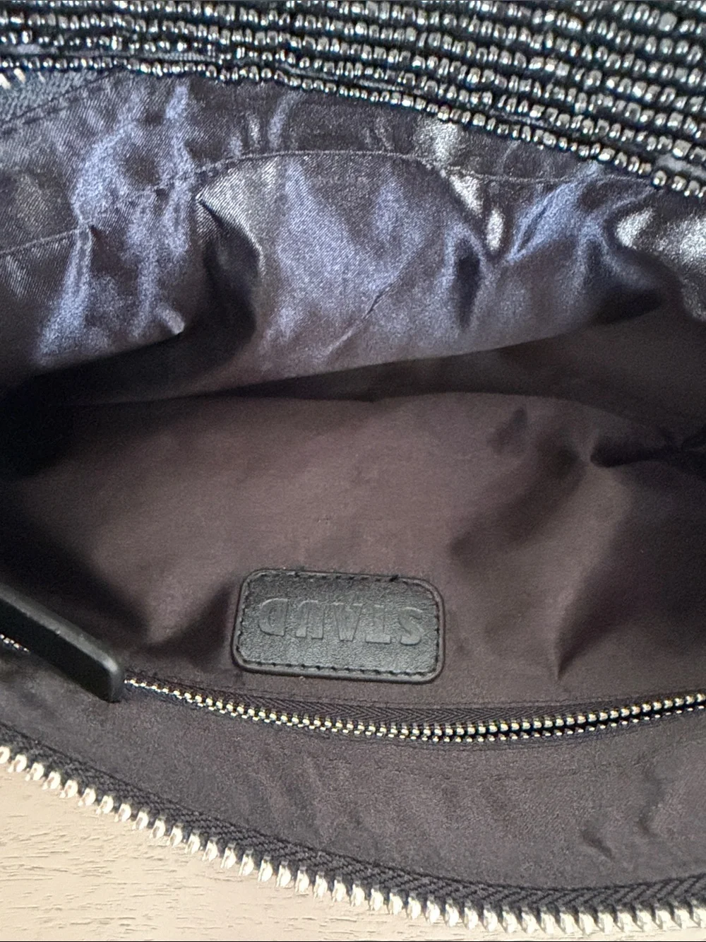 STAUD Black Beaded Shoulder Bag with Top Zip